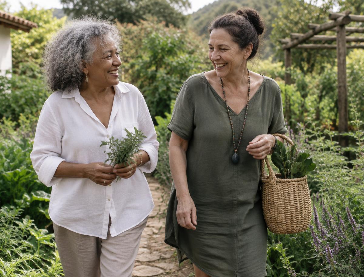 Mulheres saudáveis caminhando em um jardim de ervas medicinais