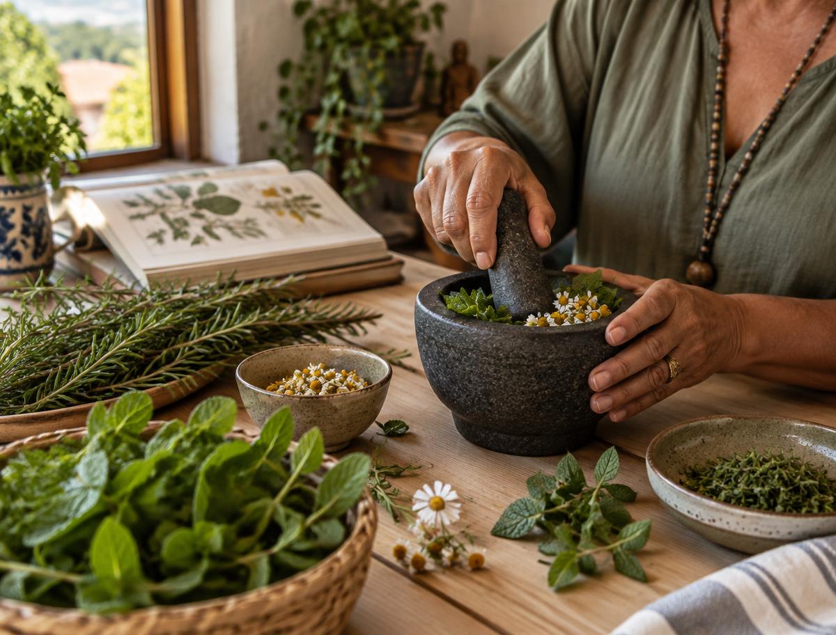 Preparo de ervas medicinais frescas em pilão de pedra