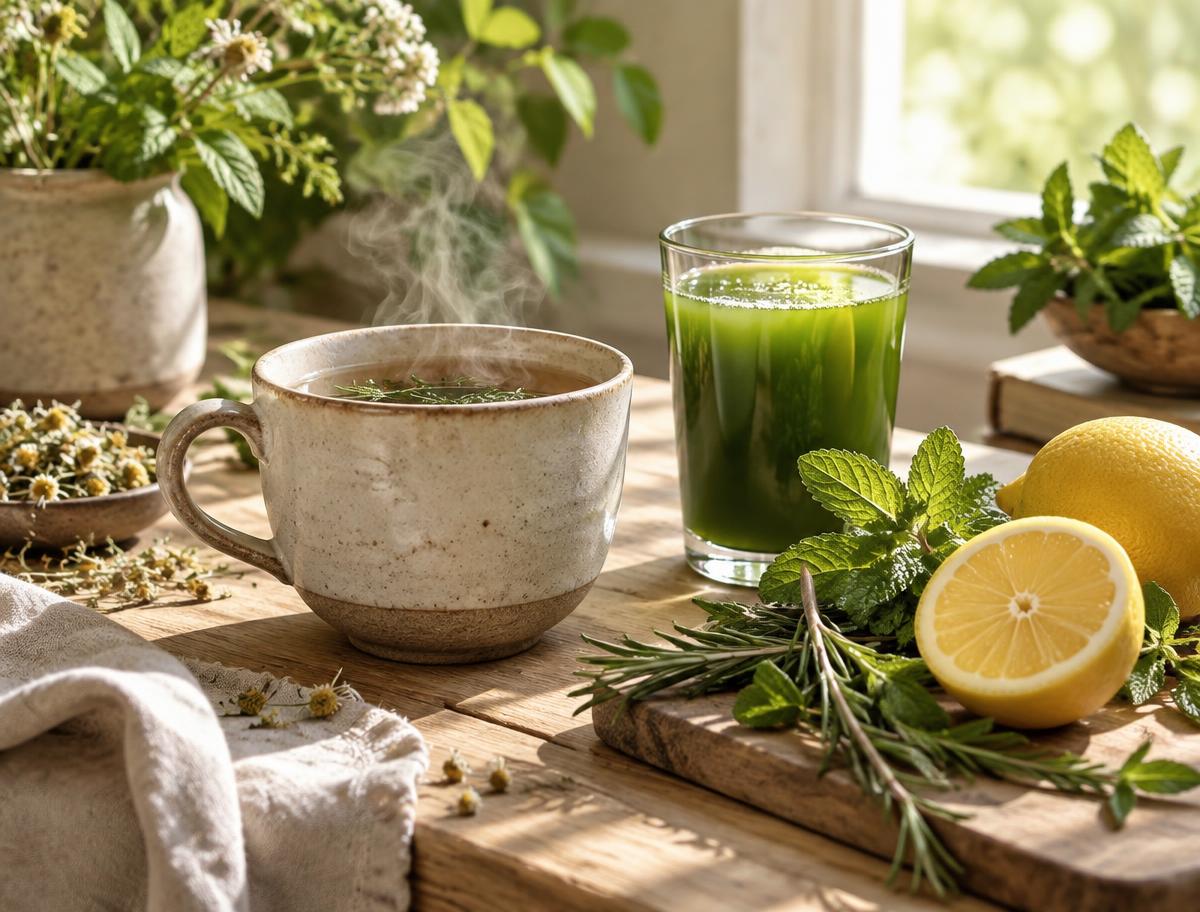 Chá de ervas e suco verde preparados com plantas frescas