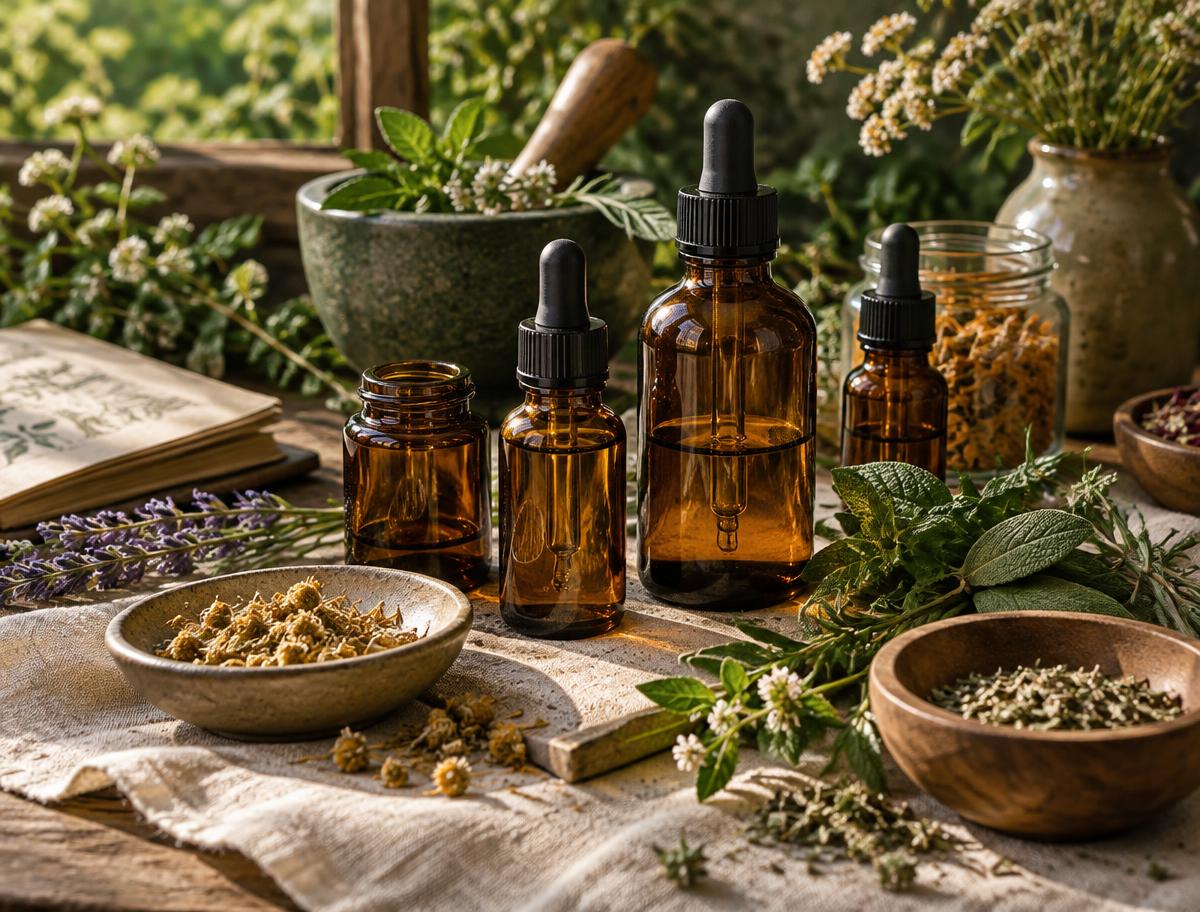 Tinturas naturais em frascos âmbar com conta-gotas